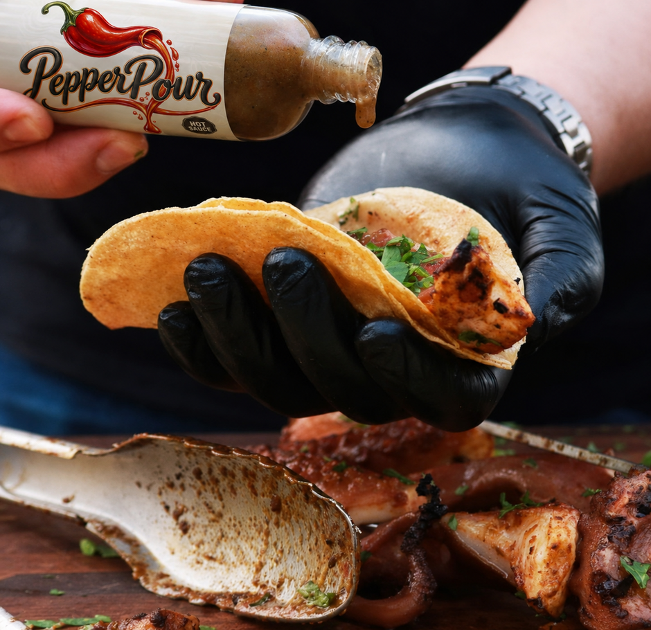 PepperPour hot sauce served with fresh food
