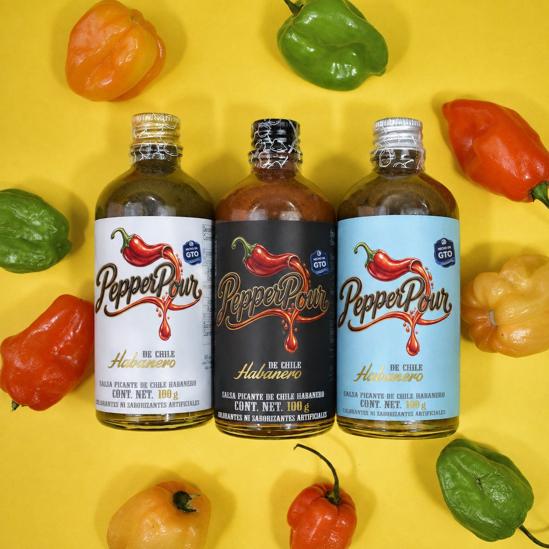 PepperPour green, orange and red habanero hot sauce lineup